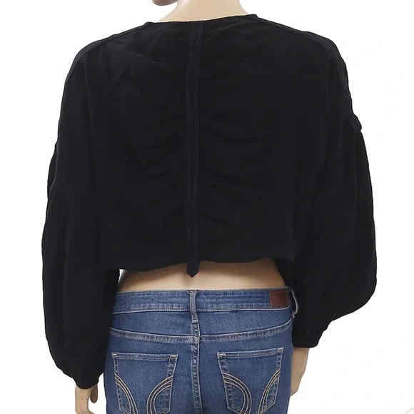 Free People Day Dreaming Black Button Front Balloon Sleeve Blouse Top FLAWED - Picture 4 of 11